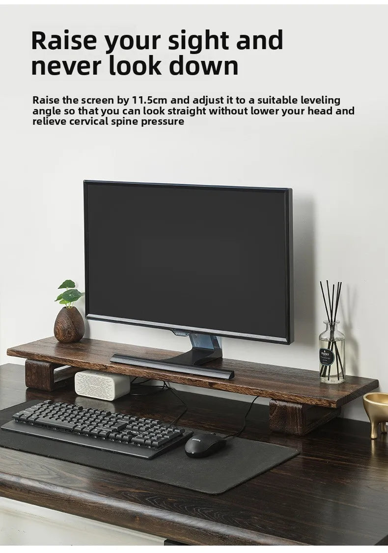Solid Wood Monitor Stand Ergonomic Desktop Riser for Computer Screen Office Desk Organizer Natural Wooden Shelf & Laptop Stand