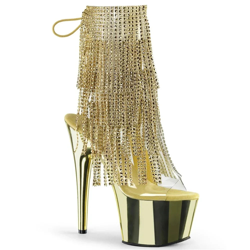 Brand Electroplated Tassels Pumps 17CM Thin High Heels Ankle Boots Pole Dance Nightclub Model Catwalk Platform Women's Shoes