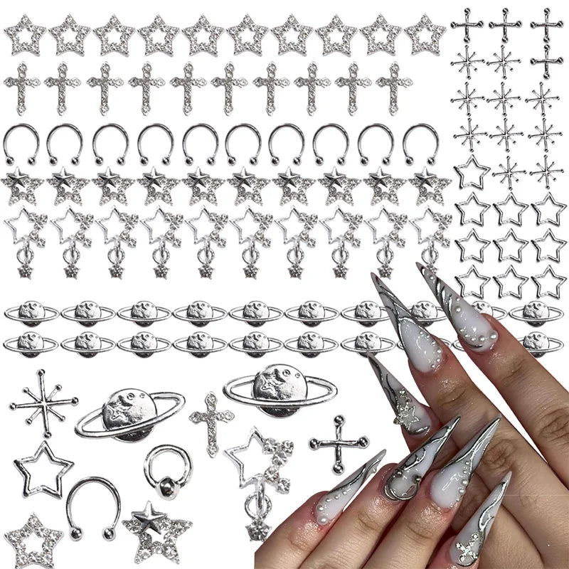 80PCS Star Nail Charms for Acrylic Nails,Silver Star Planet Cross Alloy Nail Art Decoration, Nail Stones Nail Jewels Accessorie