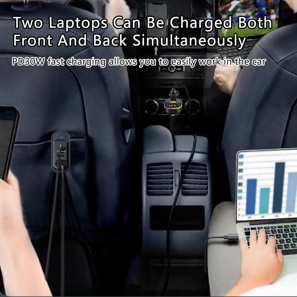6-Ports USB Type-C Front And Rear Extension Car Charger With RGB Light PD Fast Charging Power Adapter For Iphone Tablet