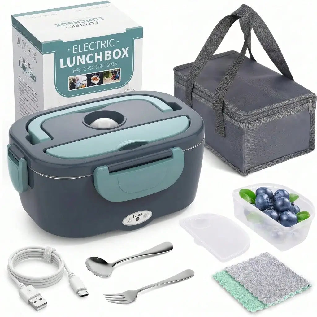Electric Heating Lunch Box; 1.5L 304 Stainless Steel Dual Compartment Food Warmer, 12V Car Use, Portable Heated Bento Box With Fork, Spoon & Insulated Bag, Viral Must-Have For Office, Travel & Road Trips, Perfect Gift For Commuters, Drivers