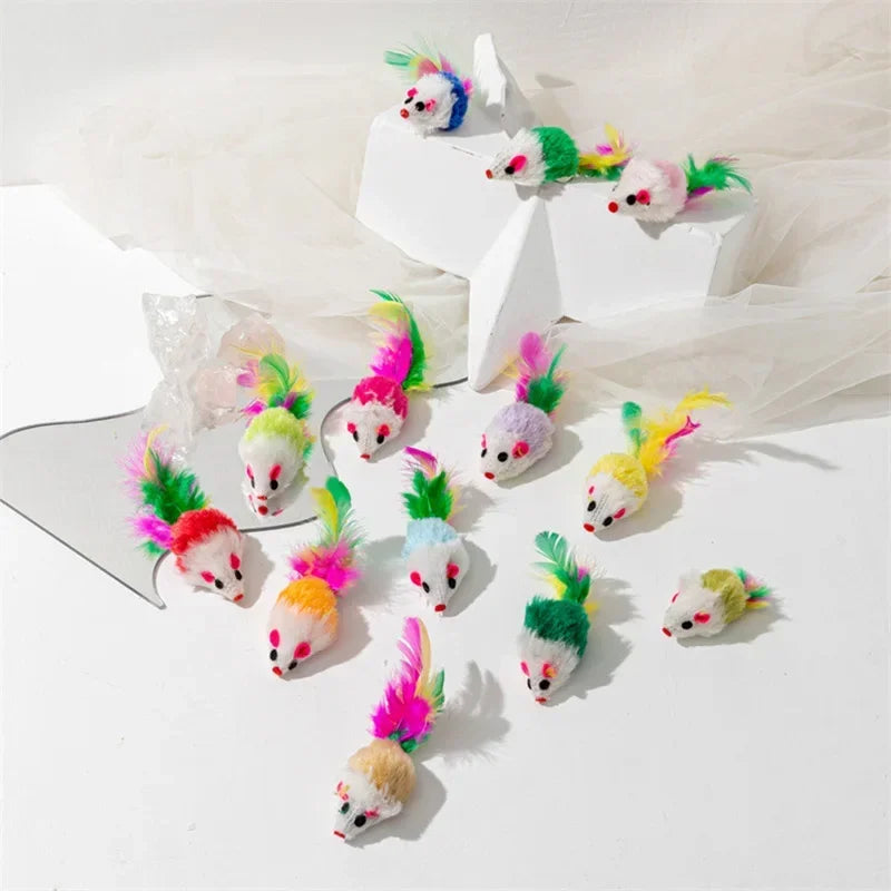 Interactive Cat Toy Realistic Mouse Shape with Rabbit Fur Feathers for Kitten Indoor Play Exercise Hunting Training
