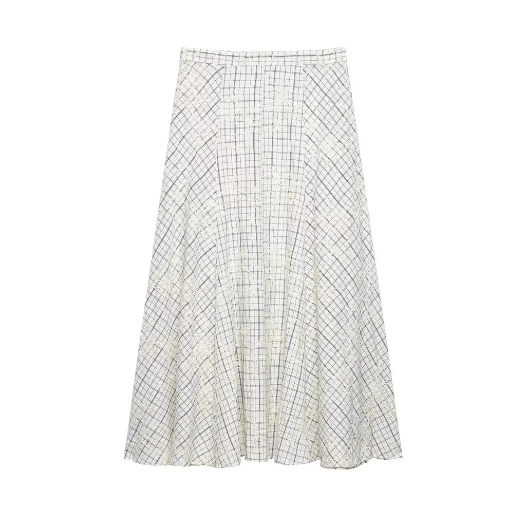 KONDALA Chic Embroidery Plaid Skirt Set Women Trendy 2026 Spring Summer Holidays Casual Set Puff Sleeve Shirts, A-Line Skirts
