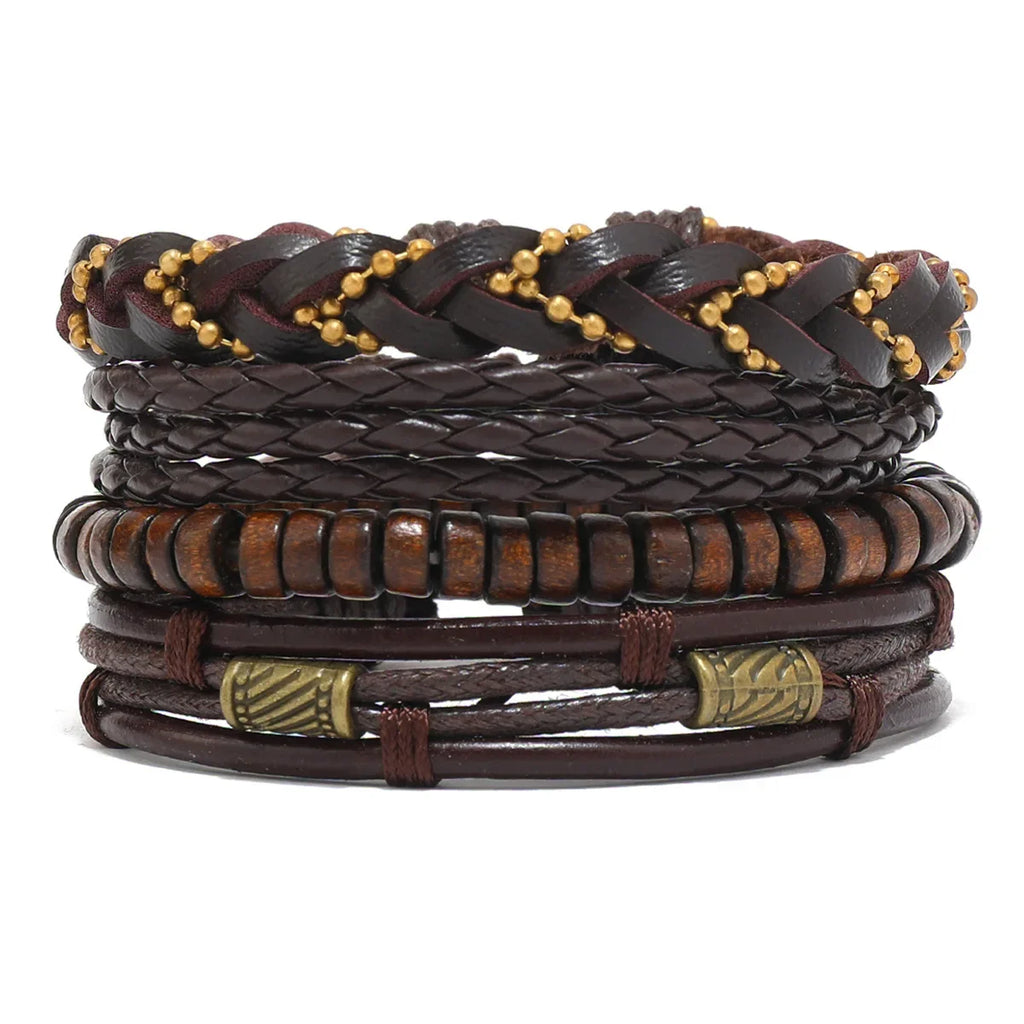 6/4PCS 3Style PU Wodeen Braided Wrap Leather Bracelet for Men Vintage Life Wood Beads Fashion Male Armband