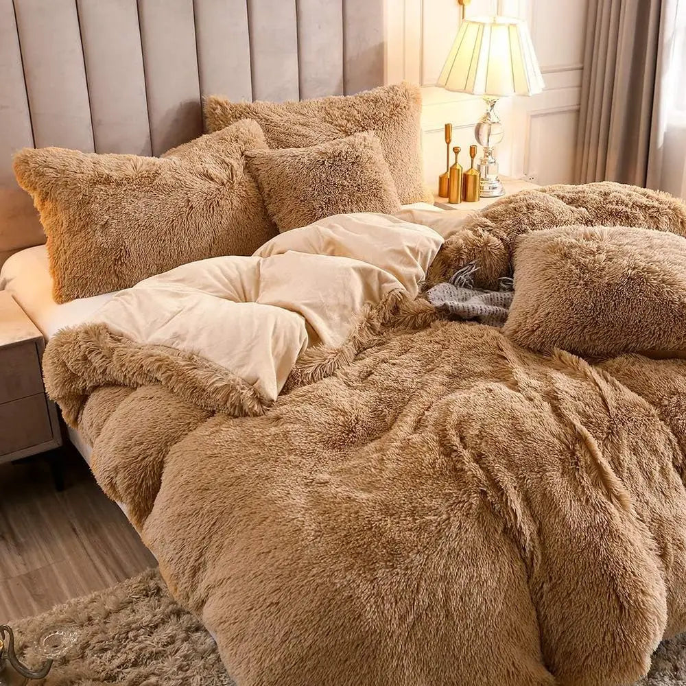 Camel King Size Faux Fur Velvet Plush Duvet Cover Set with Pillowcases, Ultra Soft & Warm