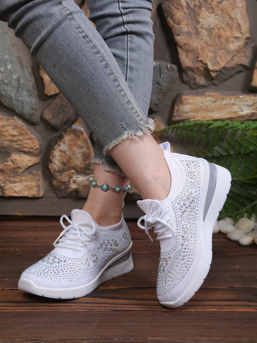 Women's Rhinestone Embellished Knit Mesh Wedge Sneakers, Adjustable Lace-Up Closure, Daily Walking Casual Footwear