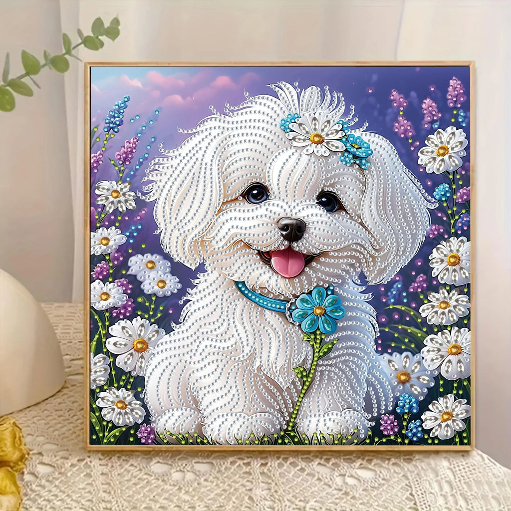 A set of "White Puppy Wearing Flowers" 5D Diamond Painting Kit, DIY handmade craft, partially adorned with irregular diamonds