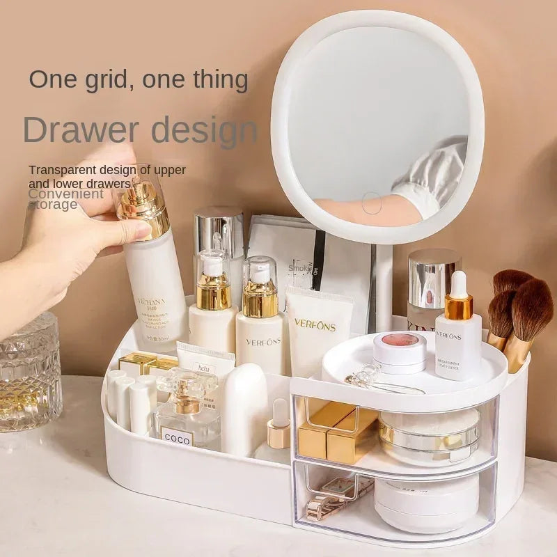 Makeup Organizer with Rechargeable Makeup Mirror Skincare Cosmetics Organizer Countertop Large Capacity Cosmetic Display Case
