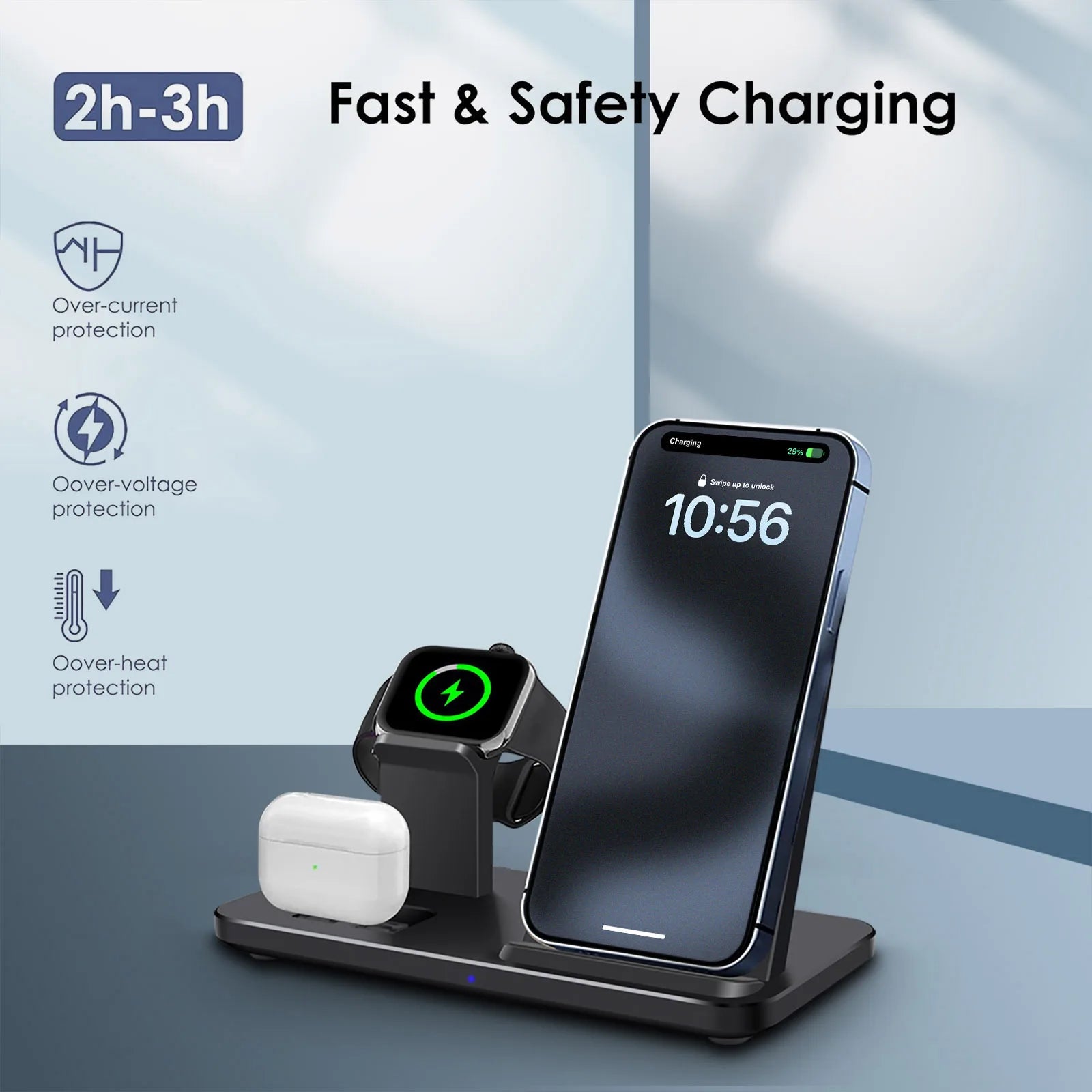 3 In 1 Wireless Charger Stand Pad for iPhone 16 15 14 13 12 Pro Max Airpods Pro 2 3 iWatch 10 9 8 7 6 Fast Charging Dock Station