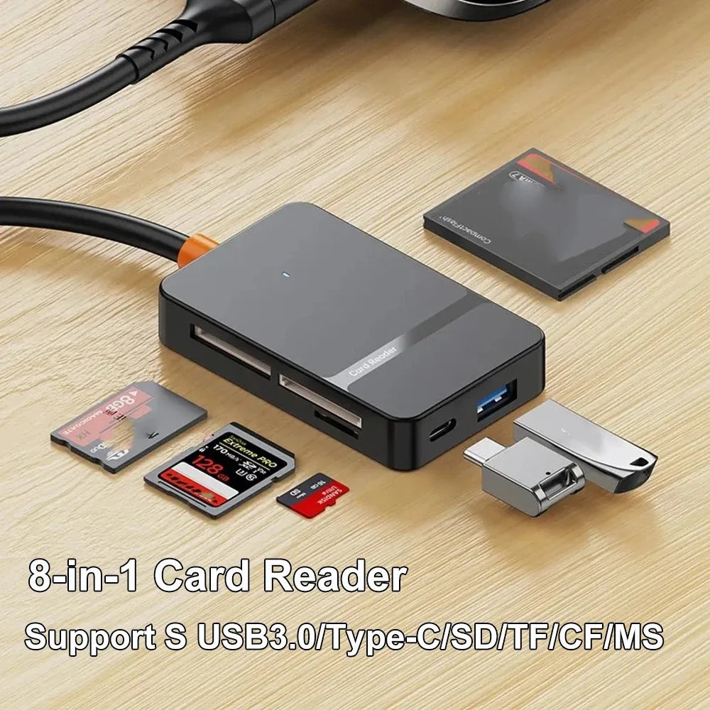 8-in-1 Card Reader USB3.0 Hub CF/SD/MS/TF Memory Card Reader for PC iPhone15 16 Trail Camera Converter External USB Flash Drive