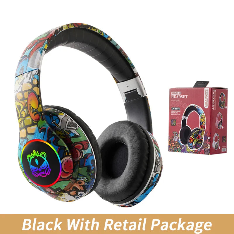 Graffiti Bluetooth Headphones LED Light Game Doodle Wireless Headsets Earphones With Mic For Kids Boy Girl Gift Support TF Card