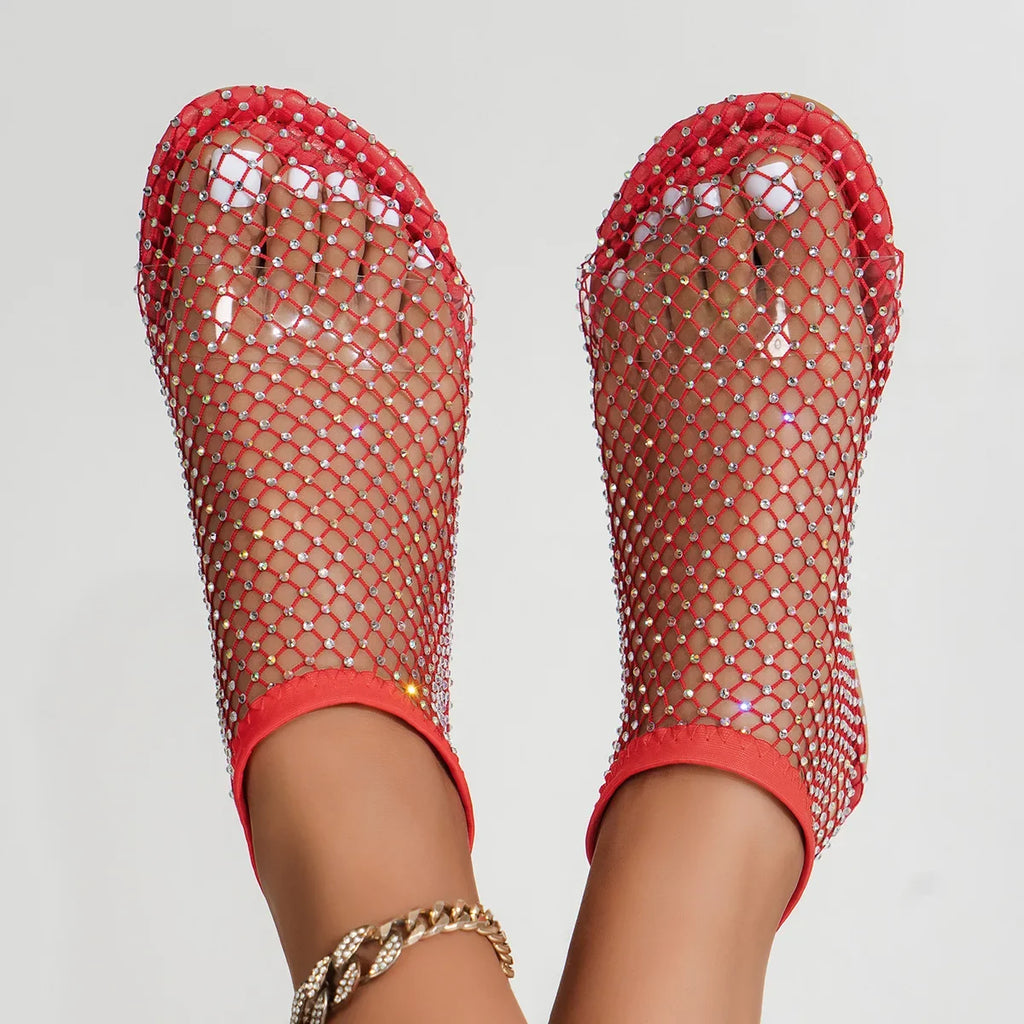 2024 Summer Women's New Round Toe Flat Bottom Sandals Hollow Short Boots Water Diamond Sexy Flat Bottom Fashion Banquet Slippers