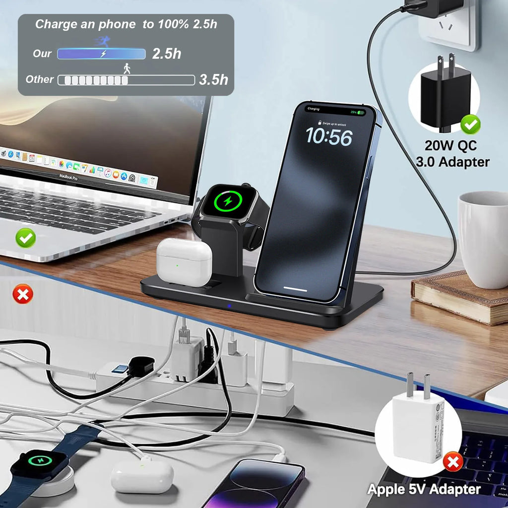 3 In 1 Wireless Charger Stand Pad for iPhone 16 15 14 13 12 Pro Max Airpods Pro 2 3 iWatch 10 9 8 7 6 Fast Charging Dock Station