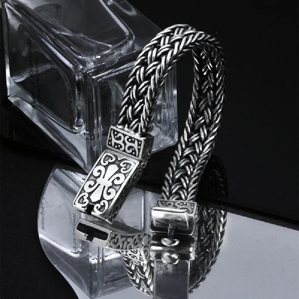 Powerful S925 pure silver vintage pattern woven bracelet, suitable for both men and women, fashionable jewelry gift for everyone