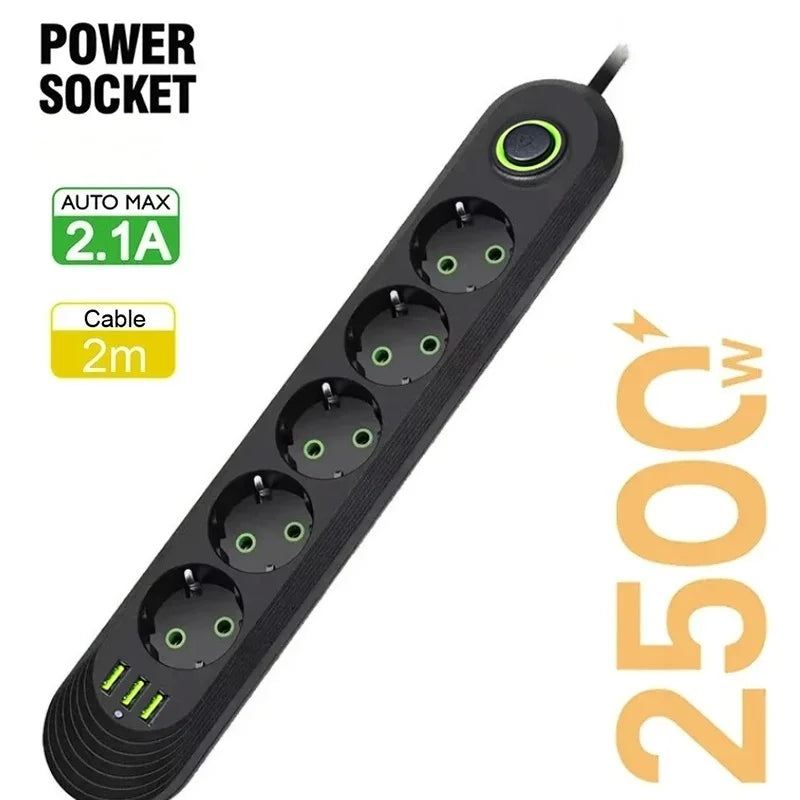 2500W EU Plug AC Outlet Multiprise Power Strip Extension Cord EU Socket Network Filter With USB Ports Charging 1pc