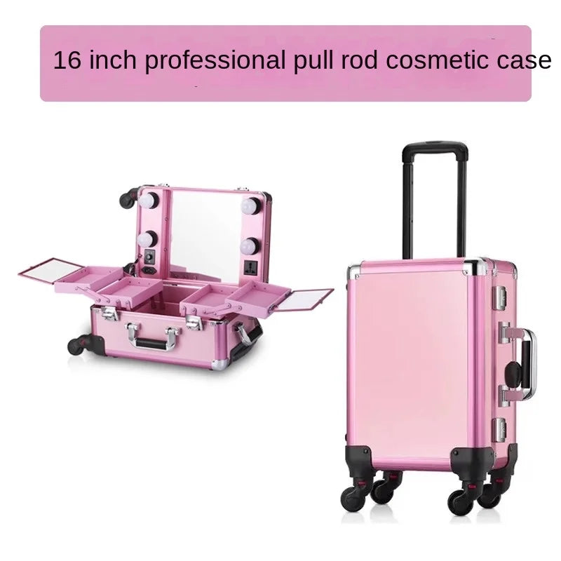 Professional Makeup Case for Makeup Artist Suitcase 16" Makeup Bag Trolley Mirror Lights Cosmetics Storage Box Rolling Luggage