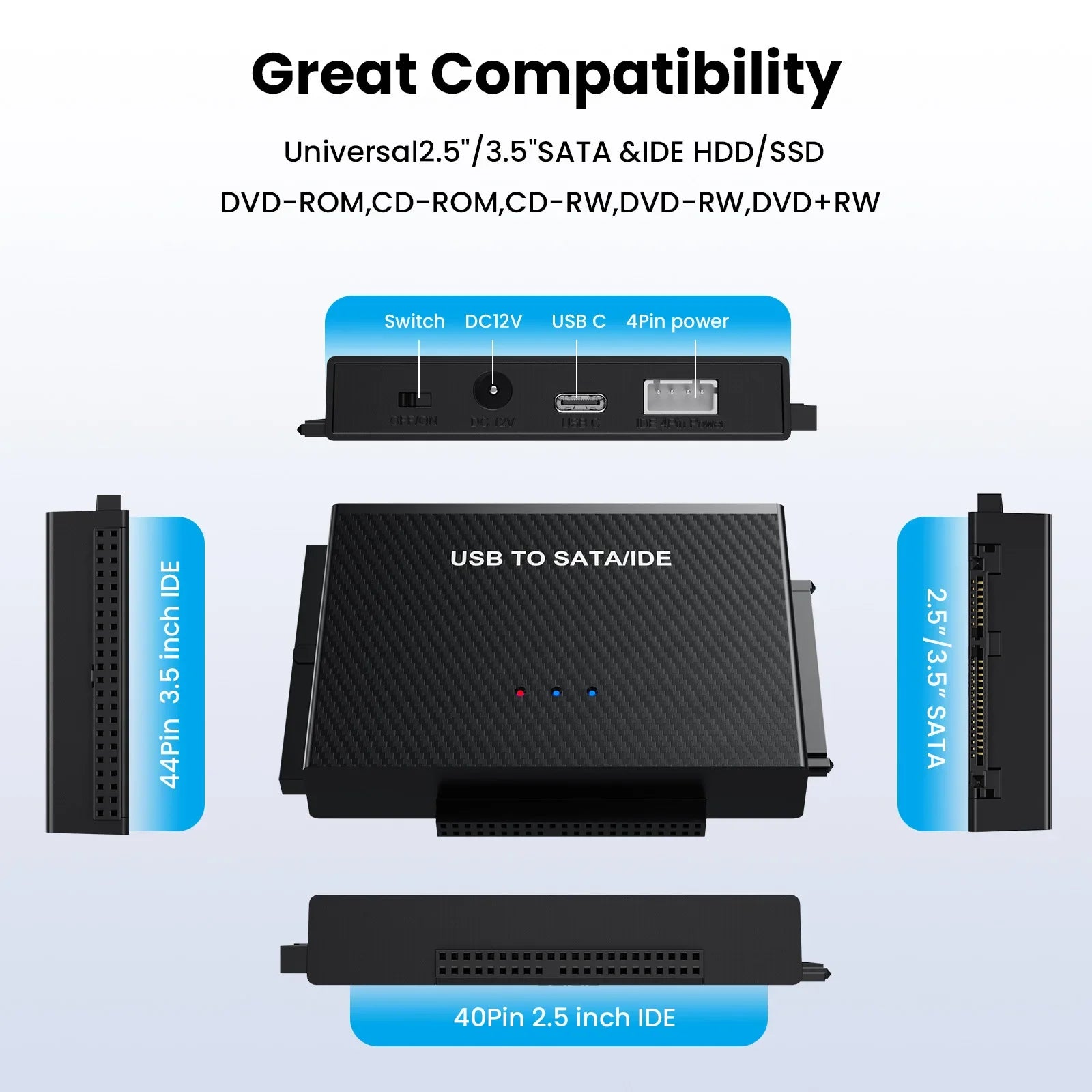USB 3.1 to SATA IDE Type-C Hard Disk Adapter Converter Cable for 3.5 2.5 inch HDD/SSD CD DVD ROM CD-RW 3 in 1 IDE SATA Adapter