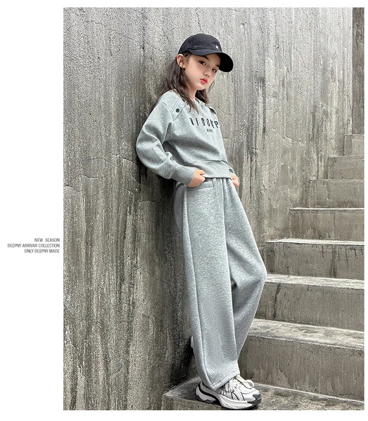 2025 teenager Gray girls Sport Suit winter spring Clothes Long Sleeve sweatshirt & wide leg Pant Casual 4 8 10 11 12 Years