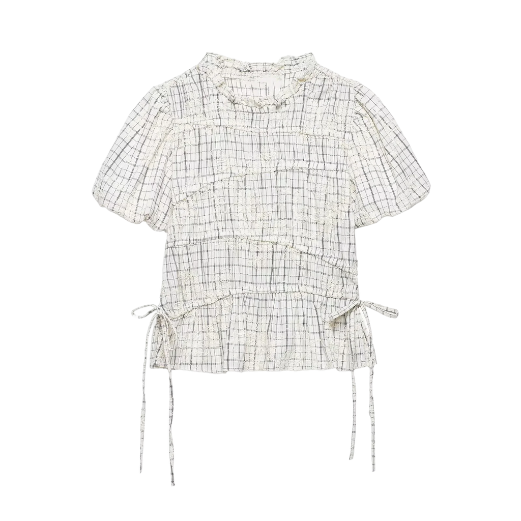 KONDALA Chic Embroidery Plaid Skirt Set Women Trendy 2026 Spring Summer Holidays Casual Set Puff Sleeve Shirts, A-Line Skirts