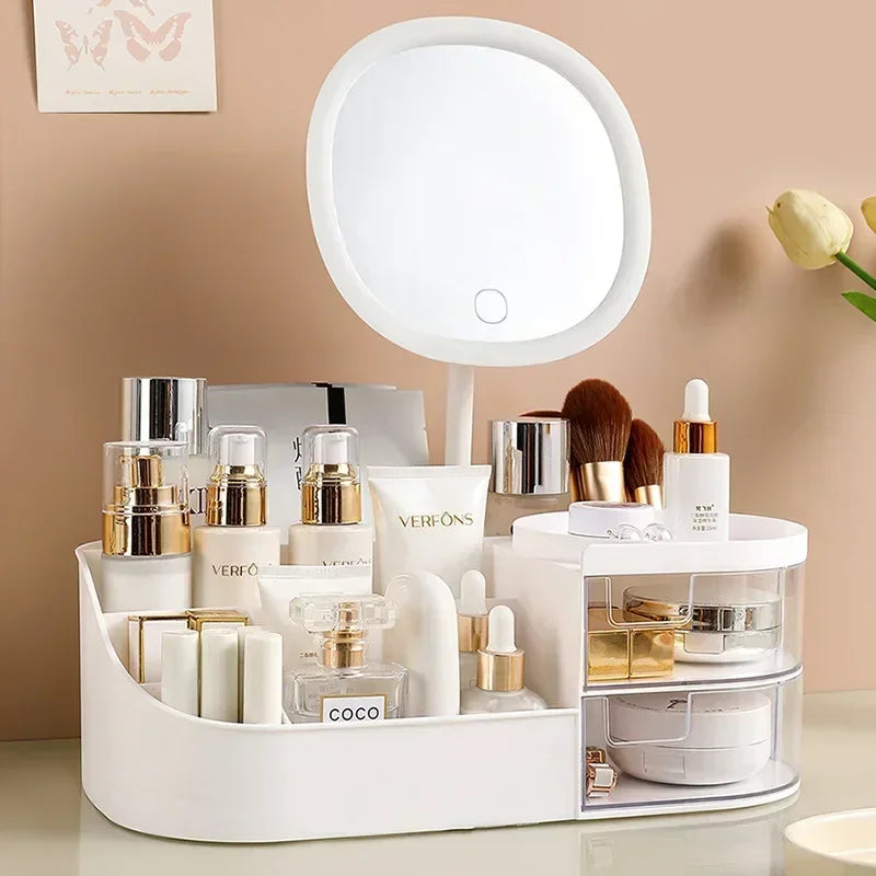 Makeup Organizer with Rechargeable Makeup Mirror Skincare Cosmetics Organizer Countertop Large Capacity Cosmetic Display Case