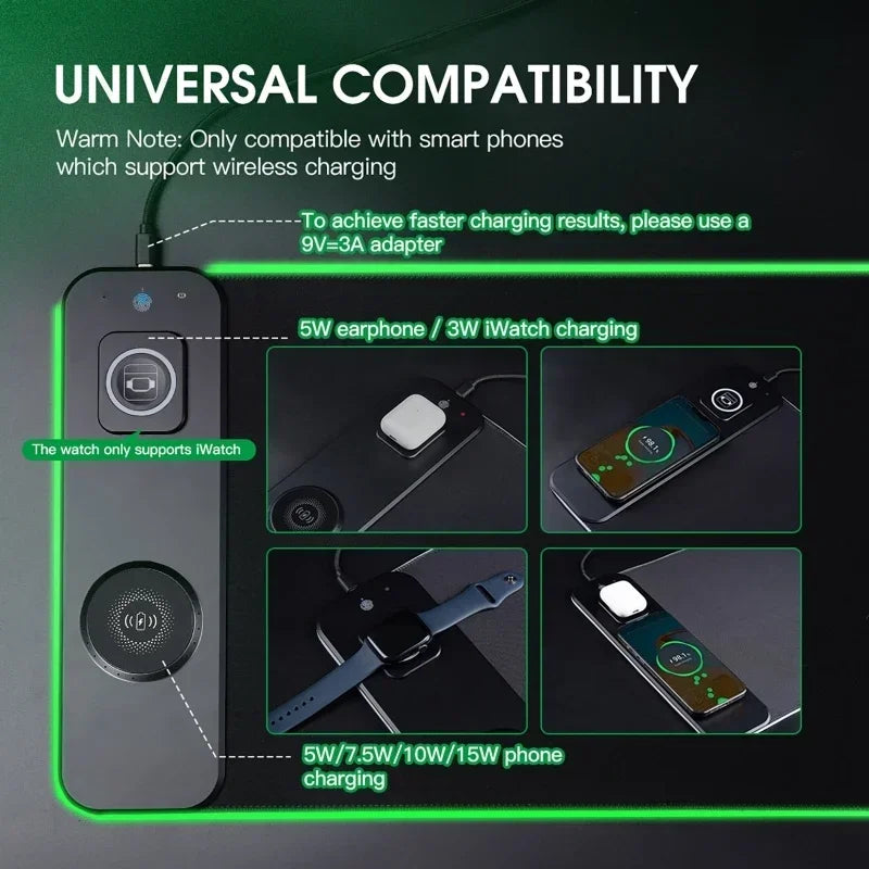 RGB Mouse Pads 3-In-1 Magnetic Wireless Charging Gaming Mousepad PC Laptop Pad for Airpod Wireless Charging for Apple Watch