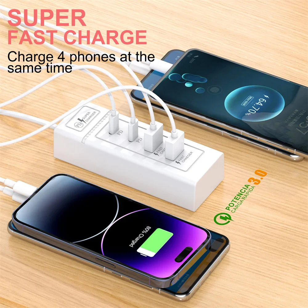 Multi Ports USB C Charger Power Strip PD Type C Fast Charging Wall Charger Socket Quick Charge 3.0 EU/US/UK Plug Power Adapter