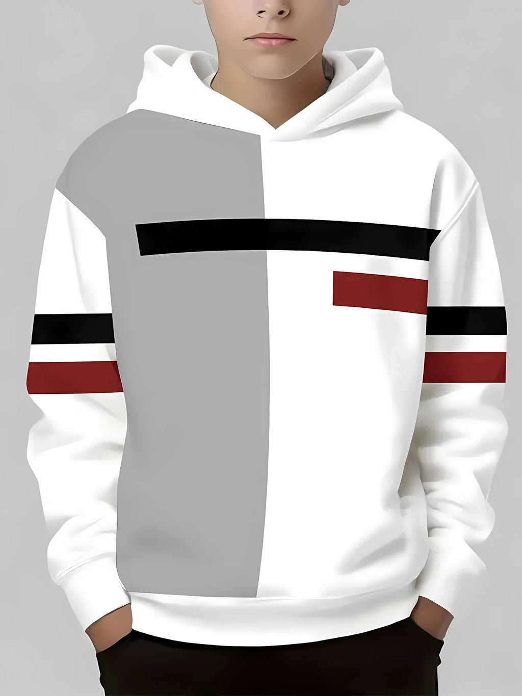 The 2025 autumn new children's casual hoodie with 3D line printing and fashionable color-blocking pullover