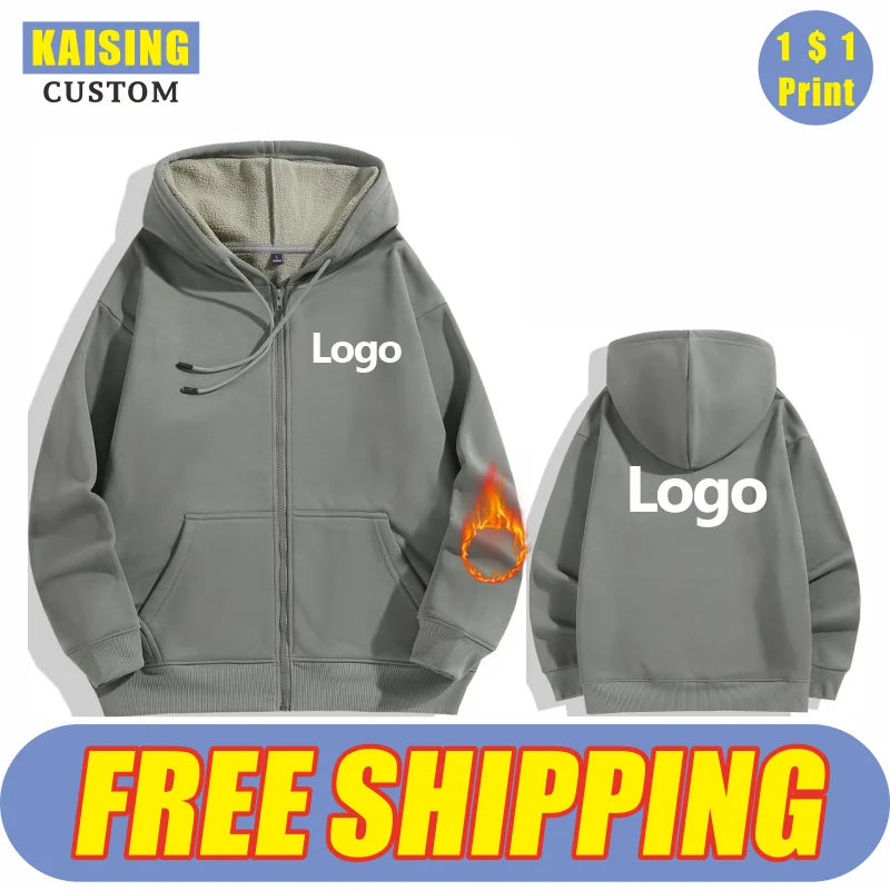 High Quality Velvet Zipper Hoodie Sweatshirt Custom Logo Embroidery Print Personalized Image Company Logo DIY 10 Color KAISING