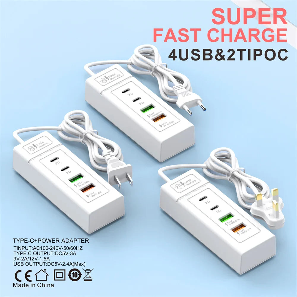 Multi Ports USB C Charger Power Strip PD Type C Fast Charging Wall Charger Socket Quick Charge 3.0 EU/US/UK Plug Power Adapter