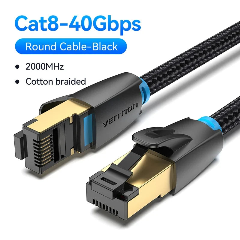 Vention CAT8 Ethernet Cable 40Gbps 2000MHz CAT 8 Networking Cotton Braided Internet Lan Cord for Laptops PS 5 Router RJ45 Cable