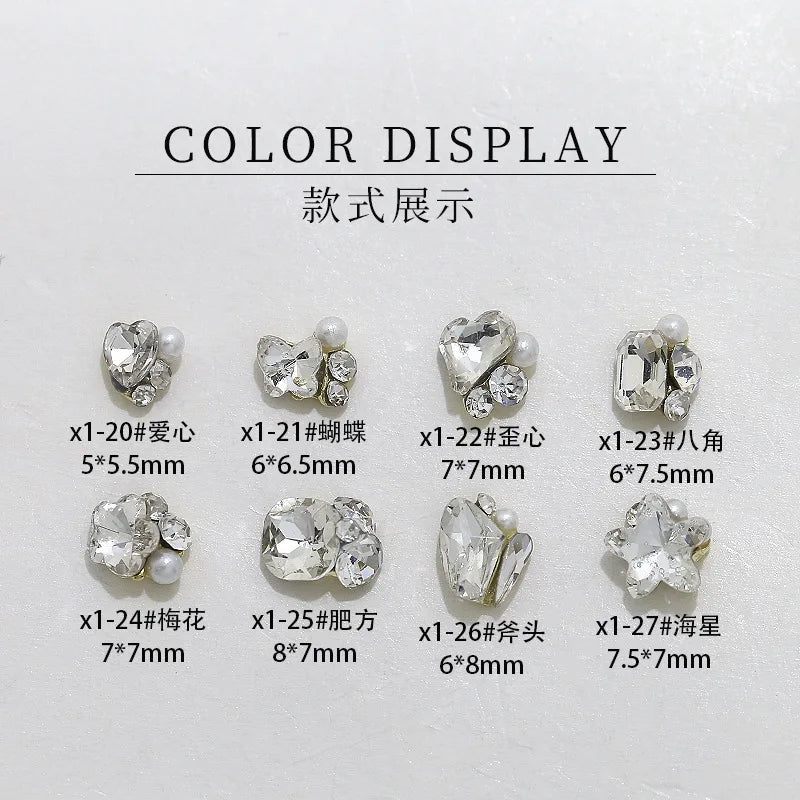 10pc Flash Mini Nail Art Diamond Pile Accessories White Heart Butterfly Fat Square Snowflake Nail Charms DIY Nail Art Decoration