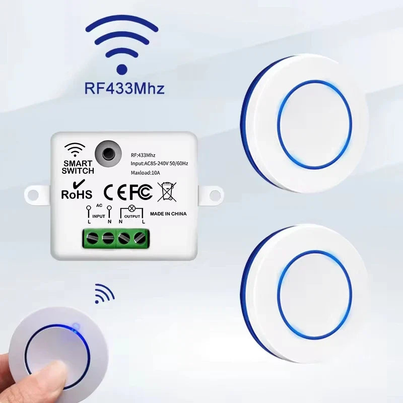 RF 433MHz Wireless  10A Relay Receiver Remote Control Light Switch 220V 110V Mini Round Button Wall Panel Switch For LED Lamp