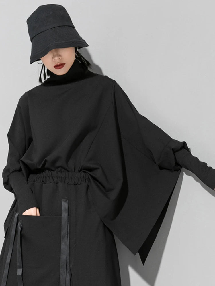 [EAM] Loose Fit Black Asymmetrical Big Size Sweatshirt New Turtleneck Long Sleeve Women Big Size Fashion Tide Spring 2026 OA869