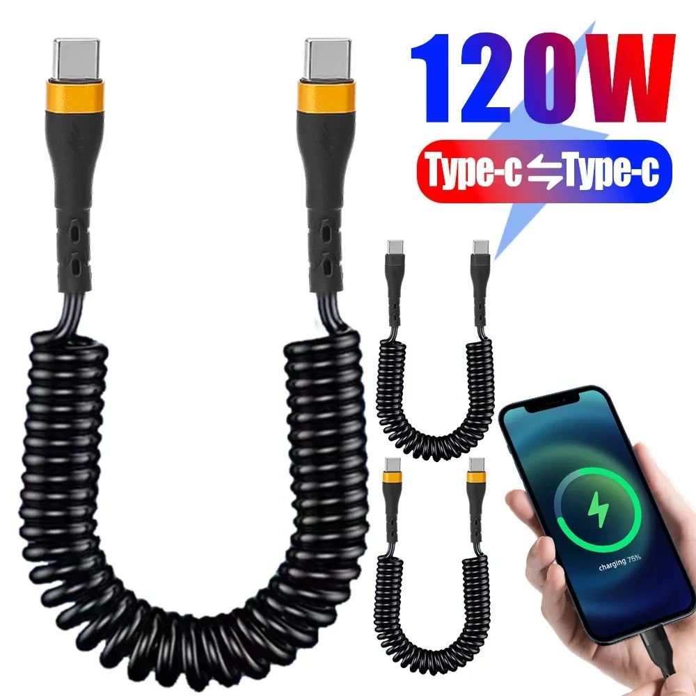 Retractable 120W PD Fast Charging USB-C To USB-C Spring Cable,Compatible with IPhone 16/17,Xiaomi & Samsung Quick Charge Devices