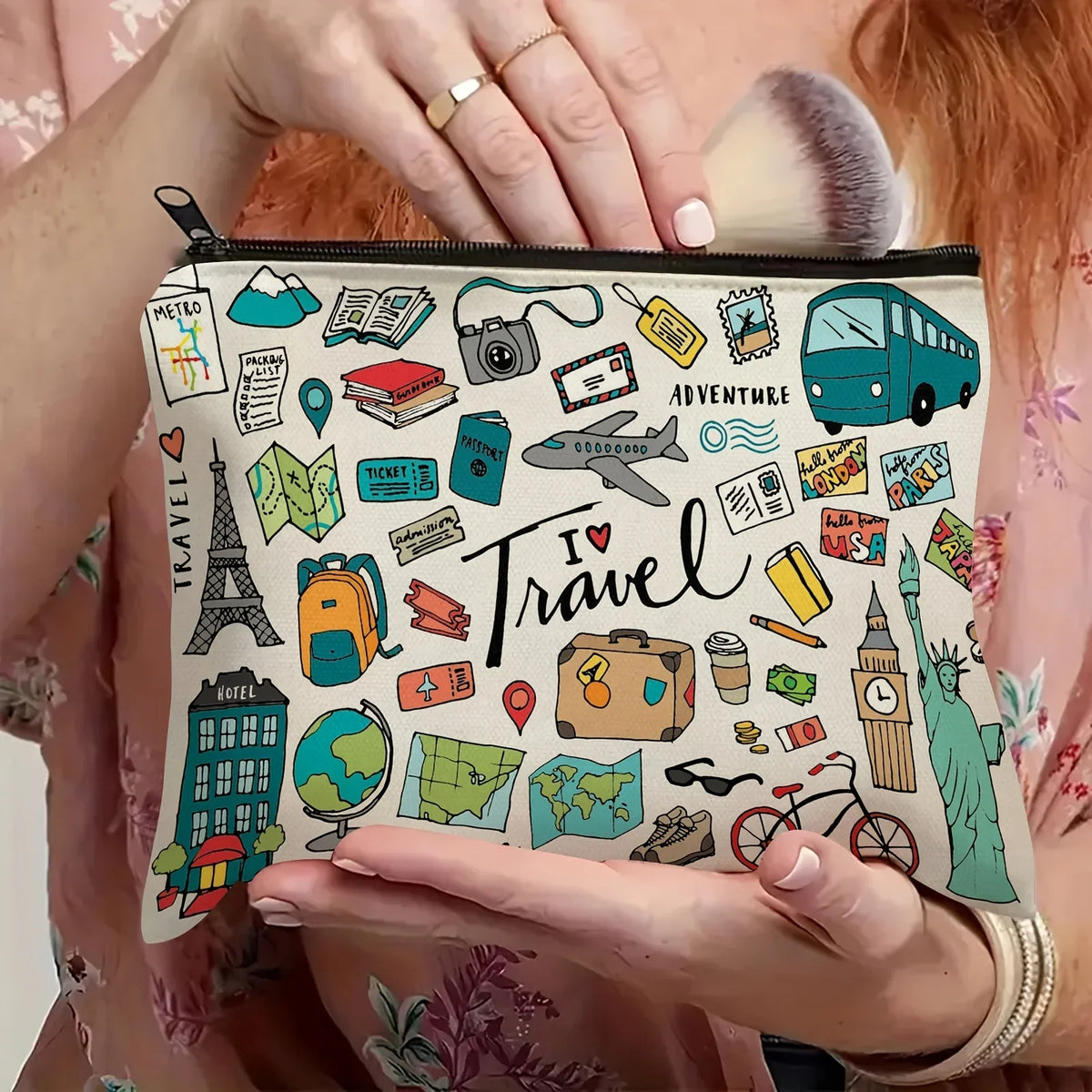 1 Travel-Themed Illustrated Makeup Bag - Multifunctional Zipper Pouch for Women, Jewelry Storage Bag, Perfect Travel Zipper Organizer, Fun Birthday Gift