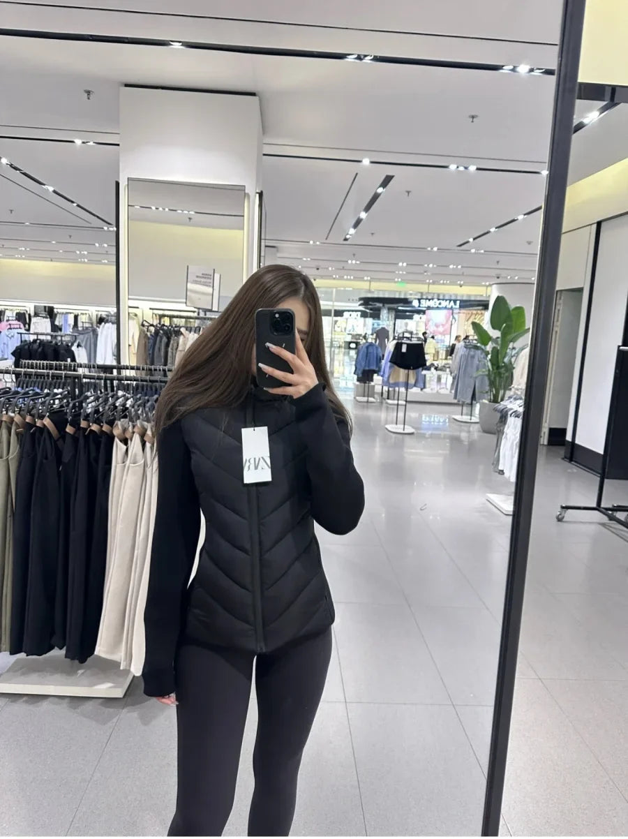 ETJ 2025 new  women's elegant fashion patchwork long sleeve standing collar hooded cotton jacket sport coat 8073227
