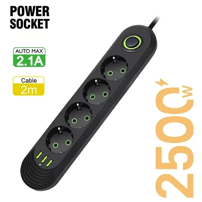 2500W EU Plug AC Outlet Multiprise Power Strip Extension Cord EU Socket Network Filter With USB Ports Charging 1pc