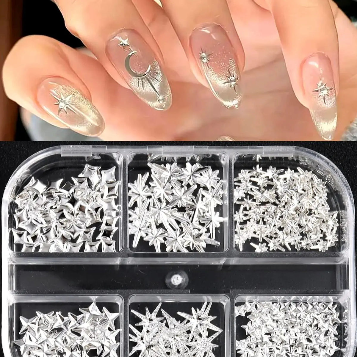 6/12Grids Gold Star Moon Metallic Rivet 3D Nail Charms Alloy Sun Moon Starlight Rhinestones Nail Studs For Nail Art Decoration
