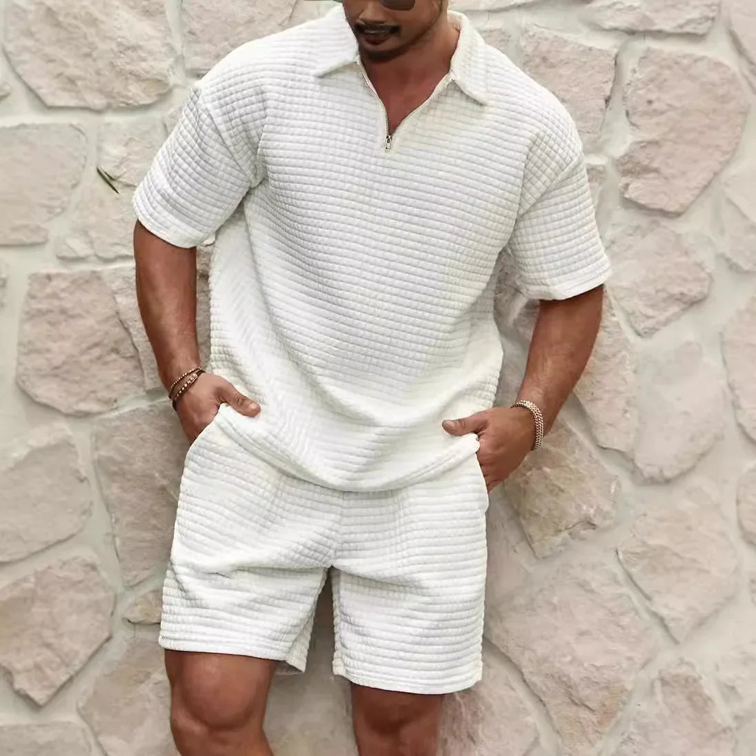 2025 Summer Men's Set New Fashionable Style Simple Waffle Color Solid Color Collar Polo Shirt Short Sleeve Shorts Sports Set