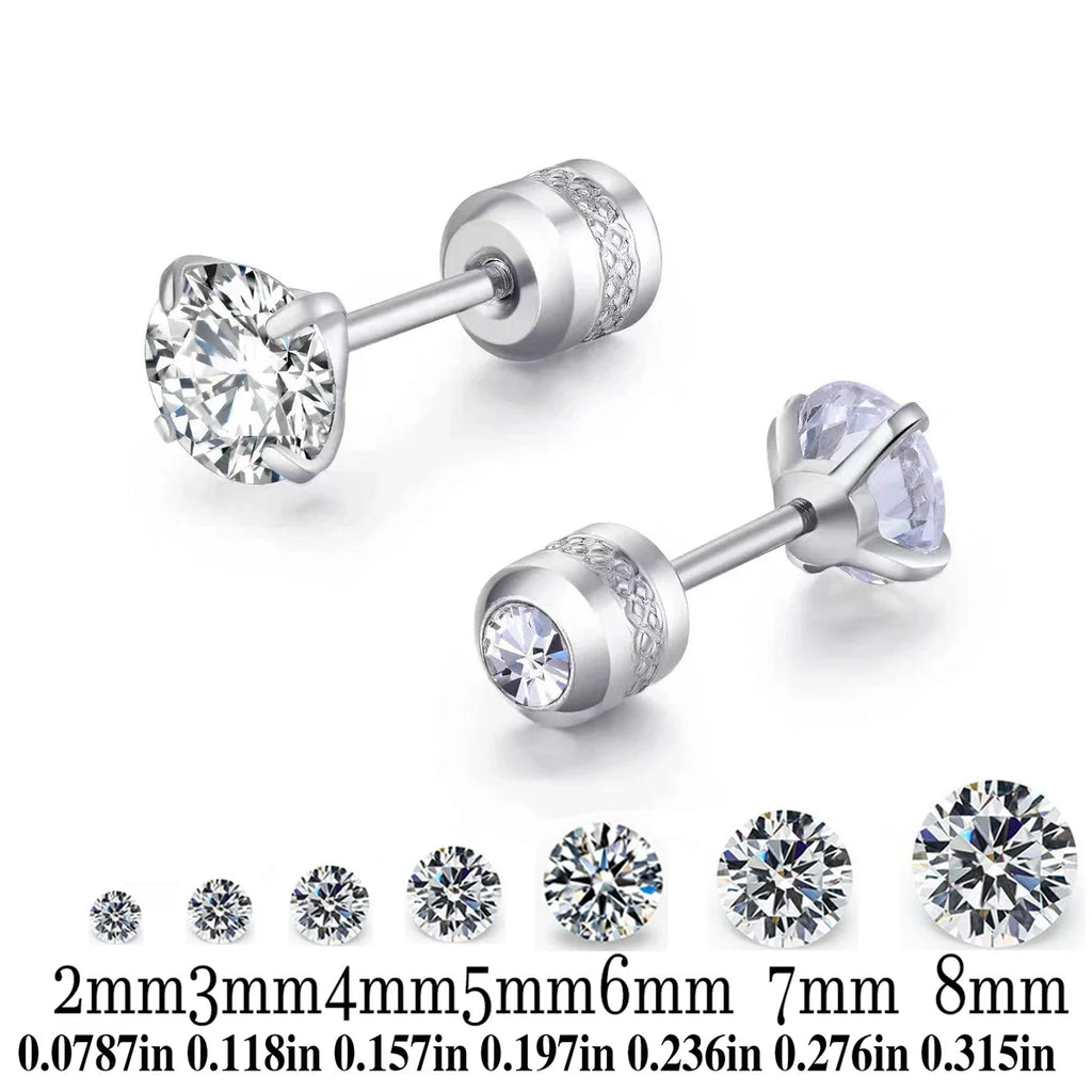 TOP 4 Color Titanium Steel Stud Earrings for Men Women CZ Zircon Screw Silver Black Rose Golden Earring Best Gift Jewelry