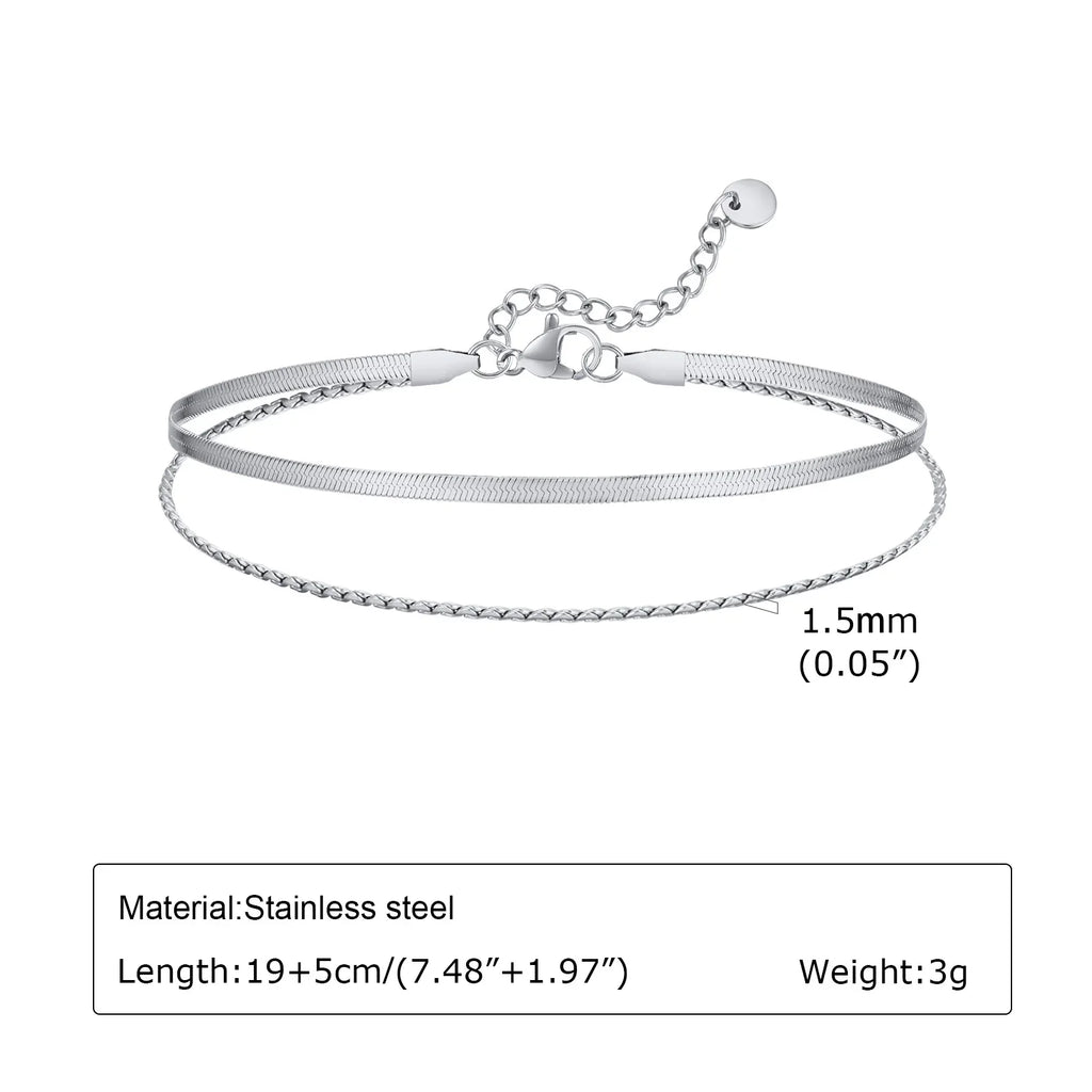 Silver Color Anklet Bracelets for Women Waterproof, Stainless Steel Layered Cuban Chain Herringbone Anklets Summer Beach Gift
