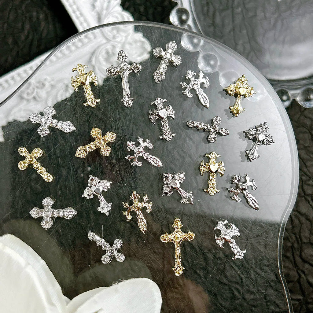 20PCS 3D Light Luxury Classic Cross Nail Charms Creative Exquisite Retro Alloy Cross Nail Art Decorations for DIY Cool Manicure