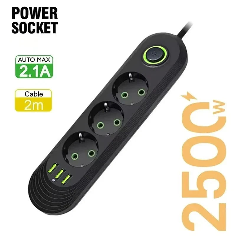 2500W EU Plug AC Outlet Multiprise Power Strip Extension Cord EU Socket Network Filter With USB Ports Charging 1pc