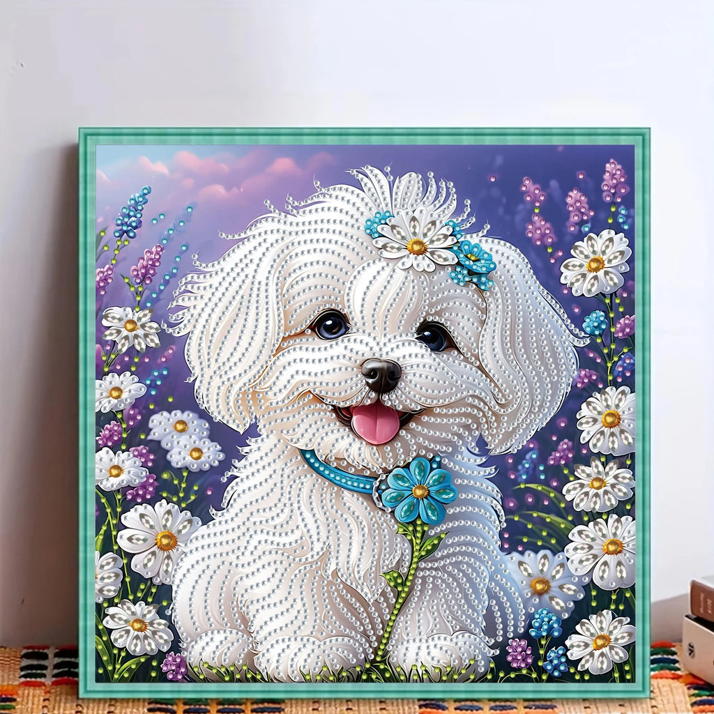 A set of "White Puppy Wearing Flowers" 5D Diamond Painting Kit, DIY handmade craft, partially adorned with irregular diamonds