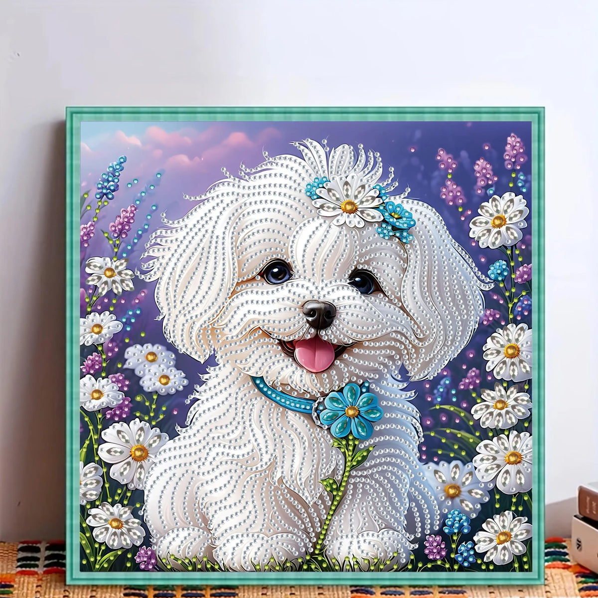 A set of "White Puppy Wearing Flowers" 5D Diamond Painting Kit, DIY handmade craft, partially adorned with irregular diamonds