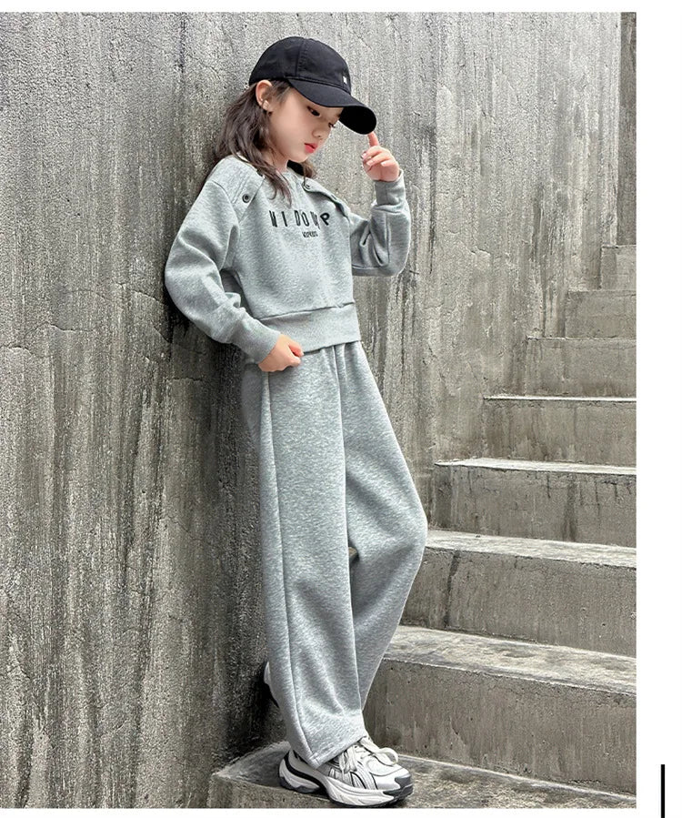 2025 teenager Gray girls Sport Suit winter spring Clothes Long Sleeve sweatshirt & wide leg Pant Casual 4 8 10 11 12 Years