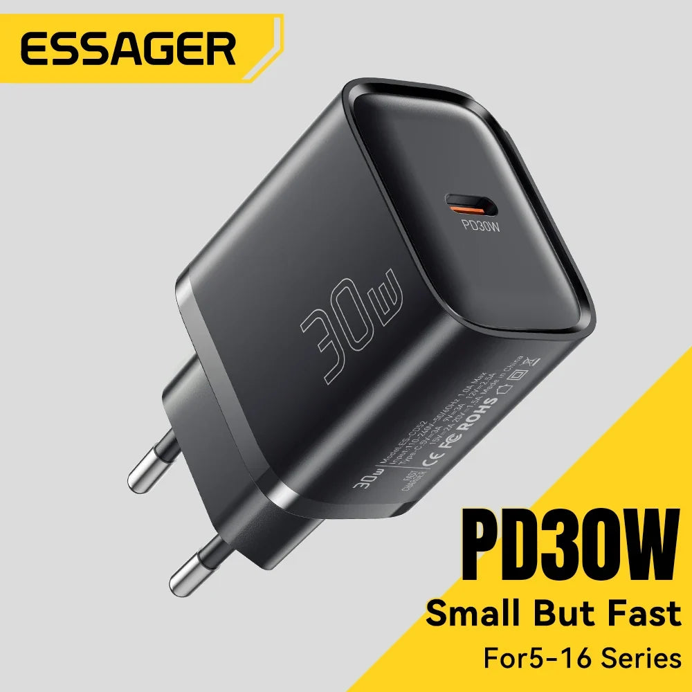 Essager Mini 30W Type C Charger PD QC3.0 Fast Type C Charger For iPhone 16 15 14 13 Pro Samsung S25 Xiaomi iPad Travel Adapter