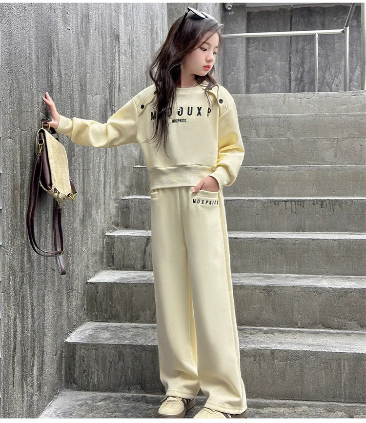 2025 teenager Gray girls Sport Suit winter spring Clothes Long Sleeve sweatshirt & wide leg Pant Casual 4 8 10 11 12 Years