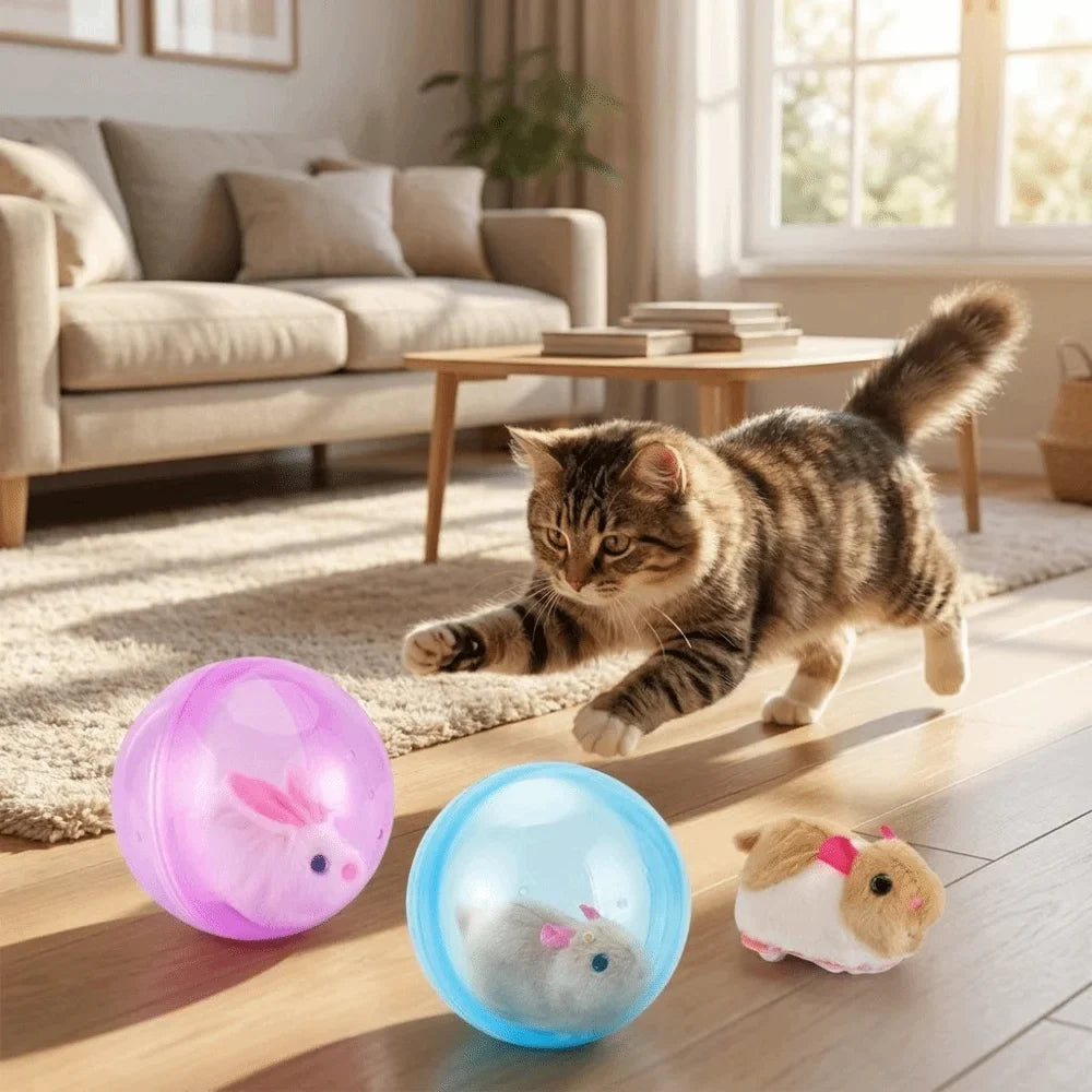 Transparent Cat Chasing Ball Built-in Plush Animal Plastic Interactive Cat Toy Realistic Rabbit Hamster Chasing Ball