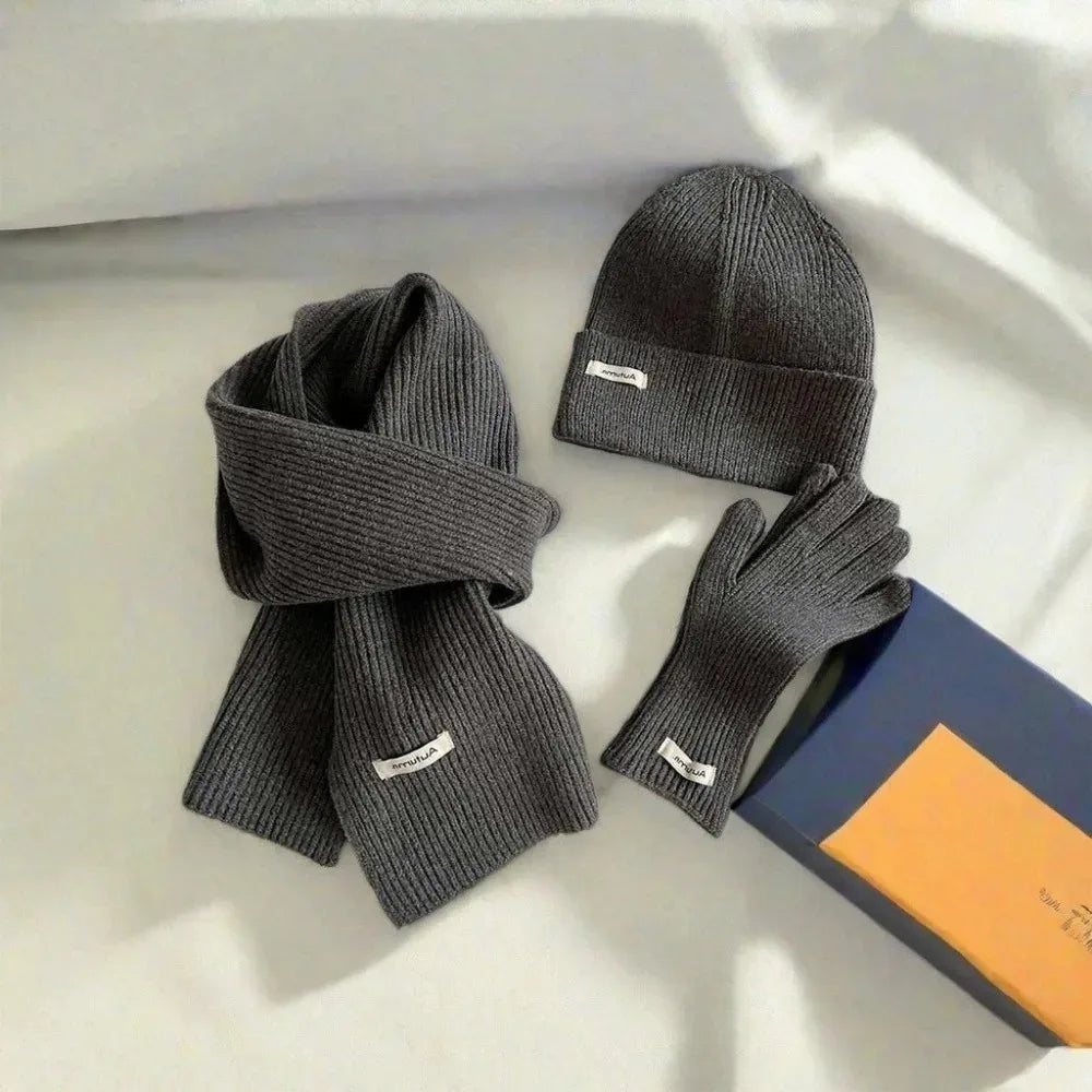Knitted Winter Scarf Woman Solid Color Hat Scarf Gloves Women's Windproof Adult Three-piece Set Fashion Women's Scarf Hat Set